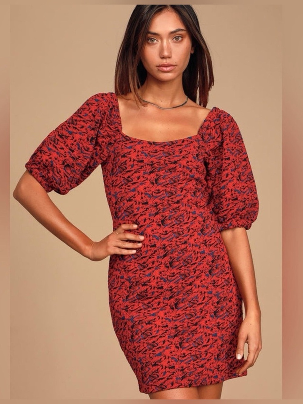 Free People Red Black Blue Jacquard Puff Sleeve Mini Dress Size Small
